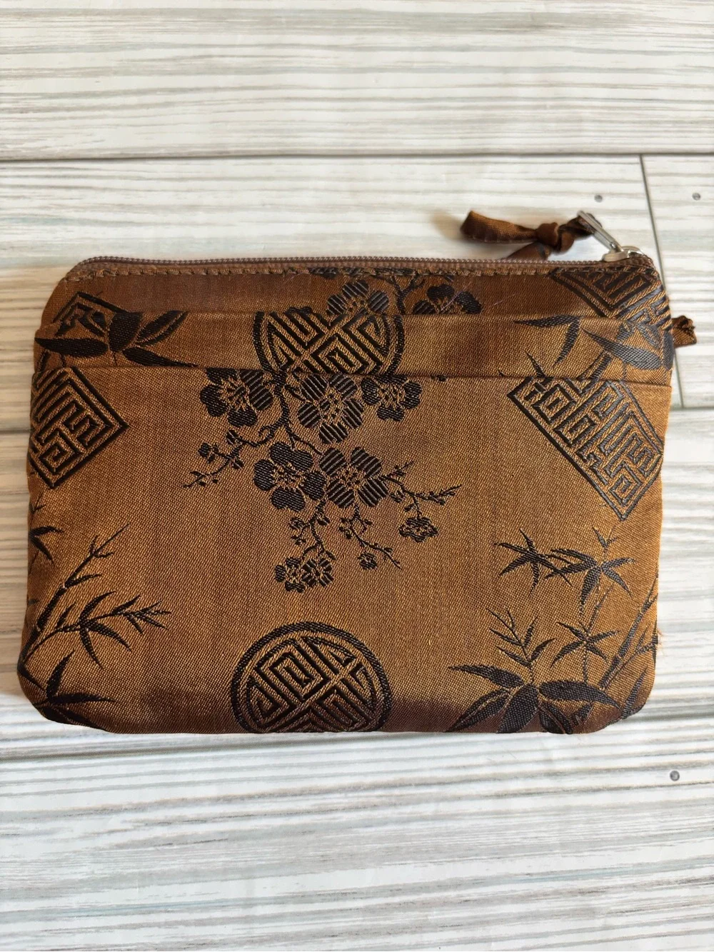 Red Blossom Brown Floral Silk Jacquard Zip Pouch - Women Bags